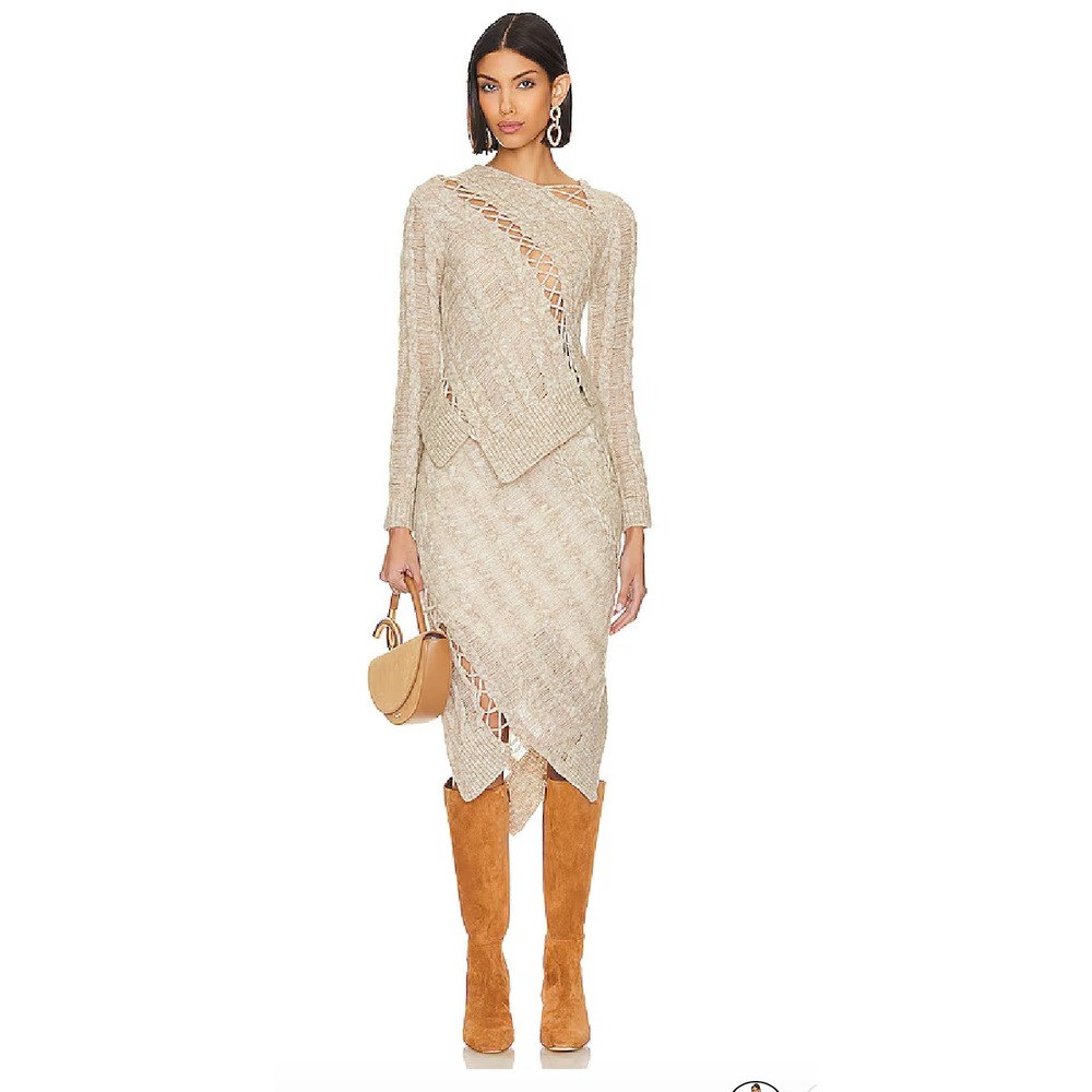 Cult Gaia Garnet Top Saphire Midi Skirt Set XS Tawn Multi Cable Knit